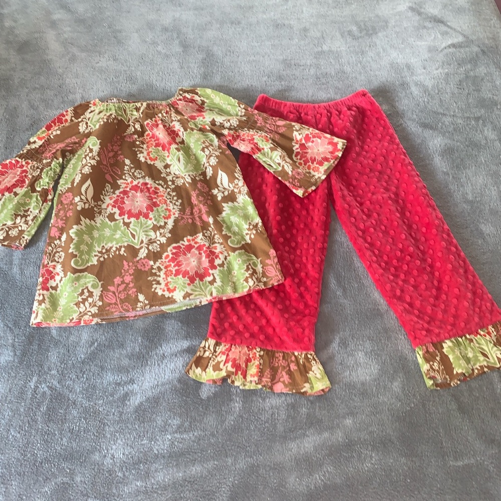 Just Ducky 2 Piece Outfit Pink Floral Minky Dimple Dot Top Size 8 Pants Size 6